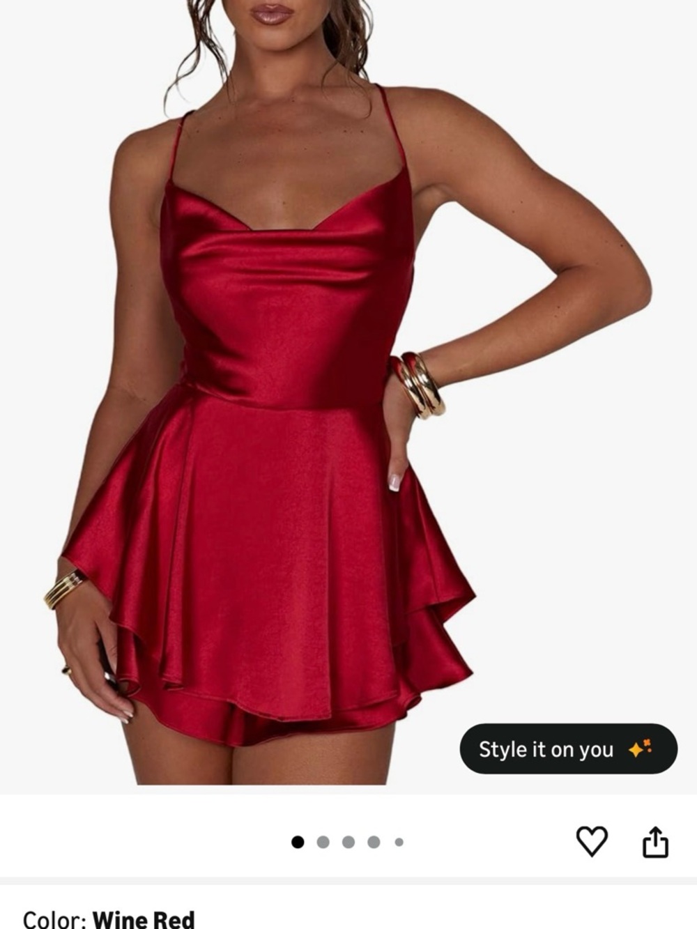 Satin Cowl Neck Wine Red Mini Dress with Layered Skirt